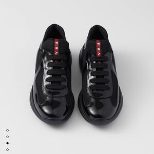 Prada Black Patent Leather & Mesh Low-Top Sneakers with Red Tongue Tab